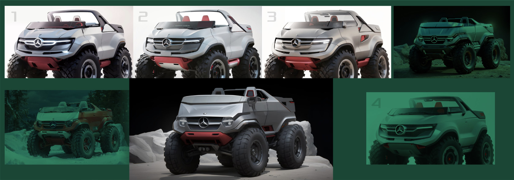 Unimog Spider Farbvarianten, Exterieur-Farbkonzepte im Vergleich, CGI-Studie Thomas Clever